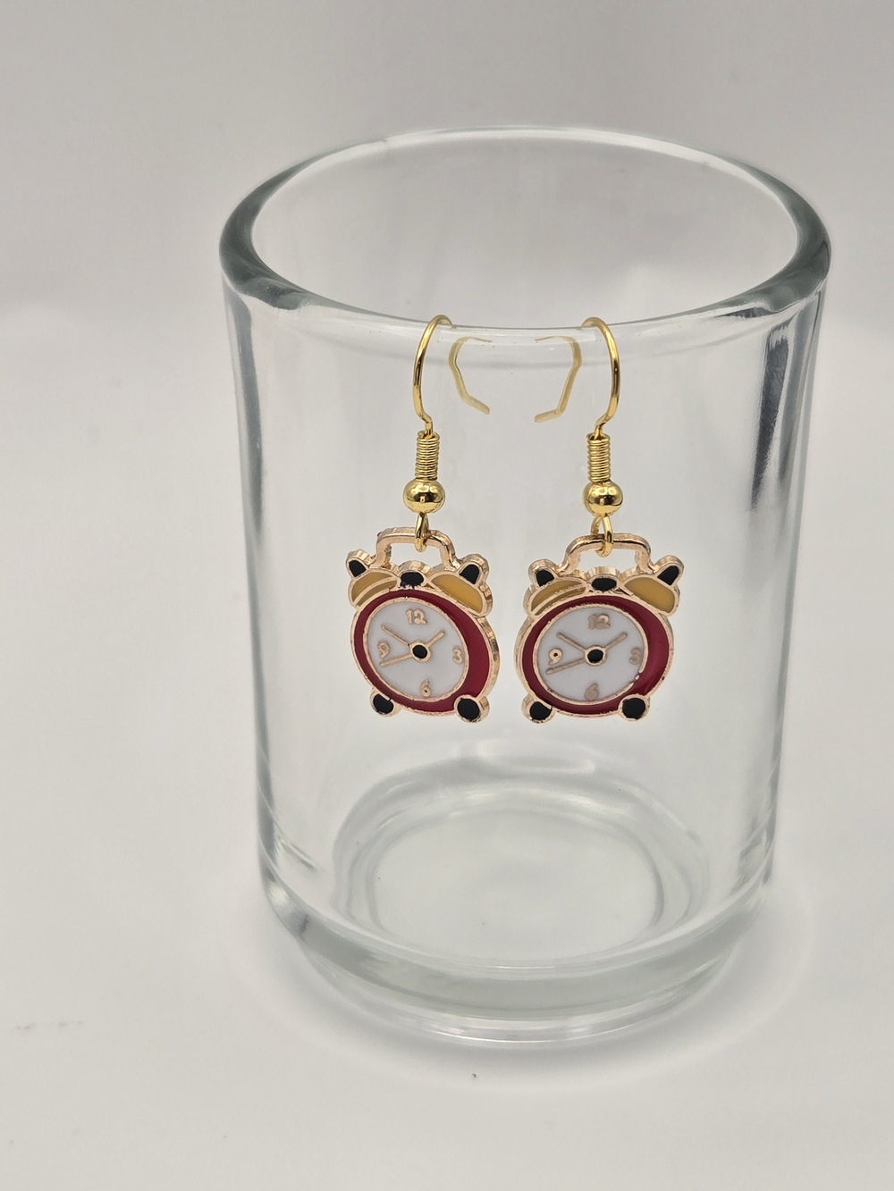 Gold-Tone Red Alarm Clock Dangle Earrings for Women